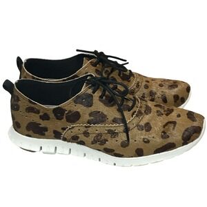 Cole Haan Zerogrand Leopard Print Calf Hair Wingtip Oxford Shoes Brown Womens